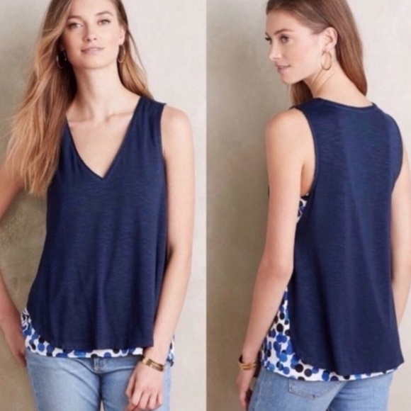 Deletta Tops - Anthropologie Deletta Navy Layered V-Neck Tank with Blue/White Dotted Trim